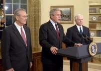 President Bush announces Rumsfeld's (left) resignation on November 8 (epa)