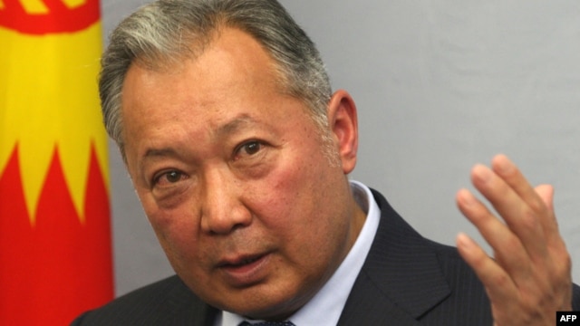 Former Kyrgyz President Kurmanbek Bakiev holds a press conference in Minsk in June 2010.