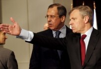 NATO Secretary-General Jaap de Hoop Scheffer (right) with Russian Foreign Minister Lavrov in April (epa)
