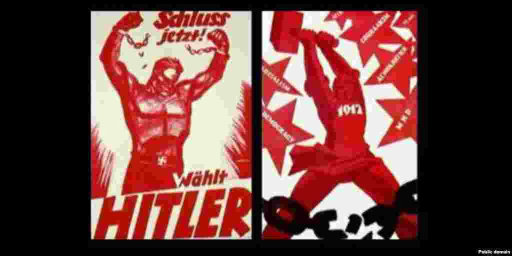 German text: "We've had enough! Vote for Hitler" Russian text: "1917 -- Socialism. Democracy. Peace"