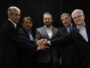 Članovi Predsjedništva BiH Željko Komšić, Bakir Izetbegović i Nebojša Radmanović, te predsjednici Srbije i Hrvatske Boris Tadić i Ivo Josipović nakon sastanka na Jahorini, 3.februar 2012.