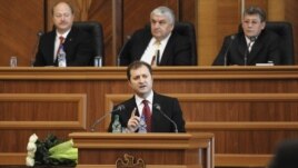 Moldova's new prime minister, Vlad Filat, speaking to parliament today.