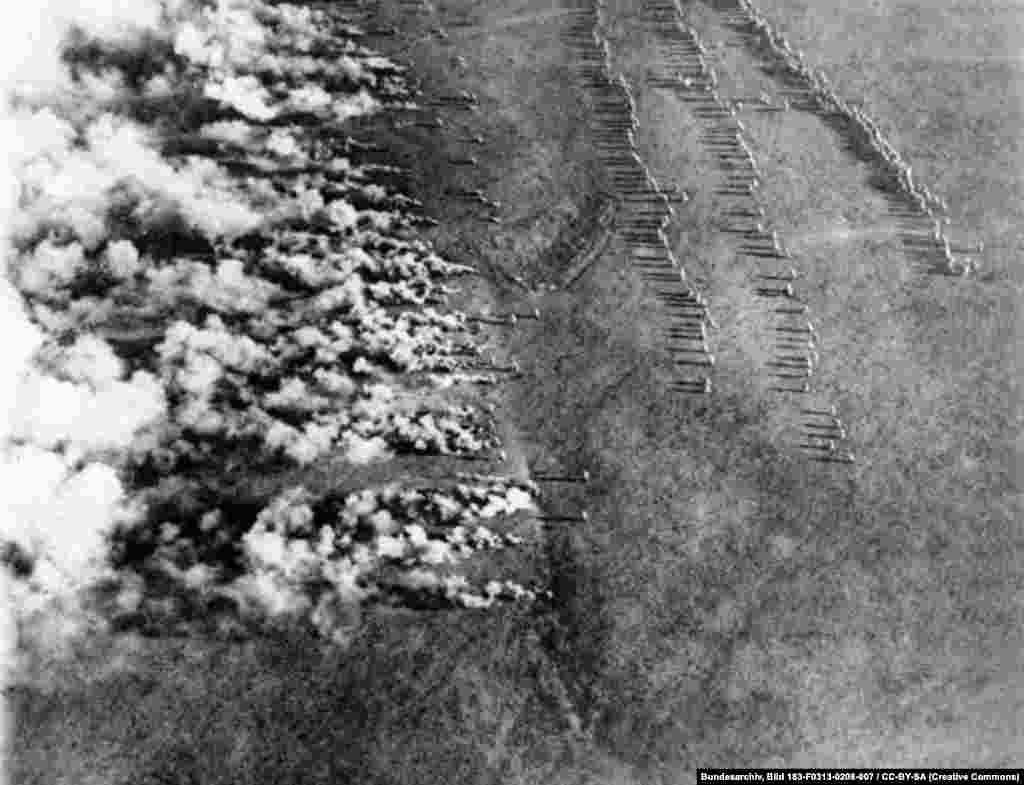 A German gas attack on the eastern front that was photographed by a Russian airman. The 1916 image was titled, "German Frightfulness from the Air."