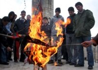 Palestinian protesters in Hebron burn a Danish flag on 3 February (epa)