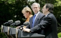 Merkel (left), Bush (center), and Barroso answering questions at the White House on April 30 (epa)