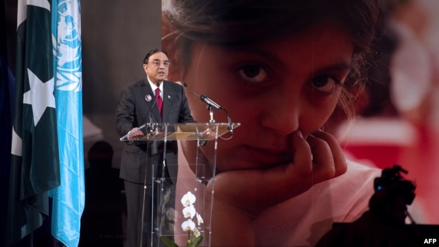 Pakistani President Asif Ali Zardari delivers a speech during the "Stand Up For Malala" event in Paris on December 10.