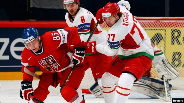 The Belarusian hockey team, seen here at a 2013 IIHF ice hockey world championship match in Sweden in May.