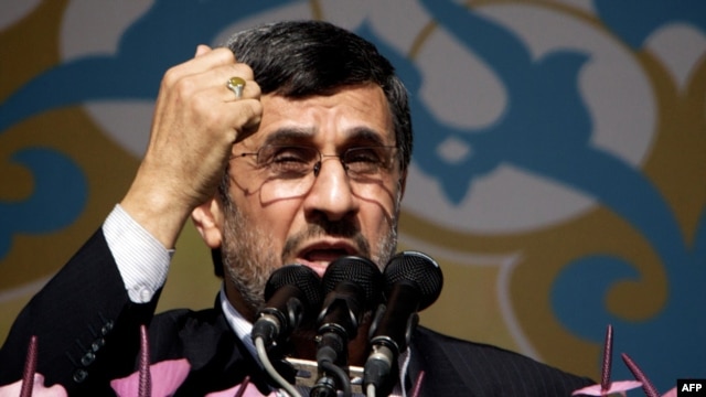 Iranian President Mahmud Ahmadinejad delivers a speech during a rally in Tehran to mark the 34th anniversary of the Islamic Revolution on February 10.