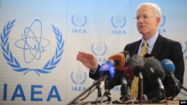 U.S. Ambassador to the United Nations Office in Vienna and to the International Atomic Energy Agency Joseph Macmanus speaks to media on the sidelines of the Board of Governors meeting at the UN atomic agency headquarters in Vienna, 06Mar2013