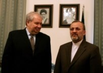 Russian Deputy Foreign Minister Sergei Kislyak (left), who will represent Russia at the April 18 meeting in Moscow of the UN Security Council's five permanent members. He is pictured here with Iranian Foreign Minister Manuchehr Mottaki (file photo) (ITAR-TASS)