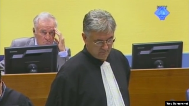 Ratko Mladić iza branitelja Branka Lukića u haškoj sudnici, 18. rujan 2012.
