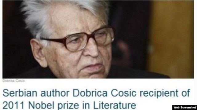 A screenshot of a hoax website that declared Serb nationalist Dobrica Cosic the winner of this year's Nobel Prize in Literature.