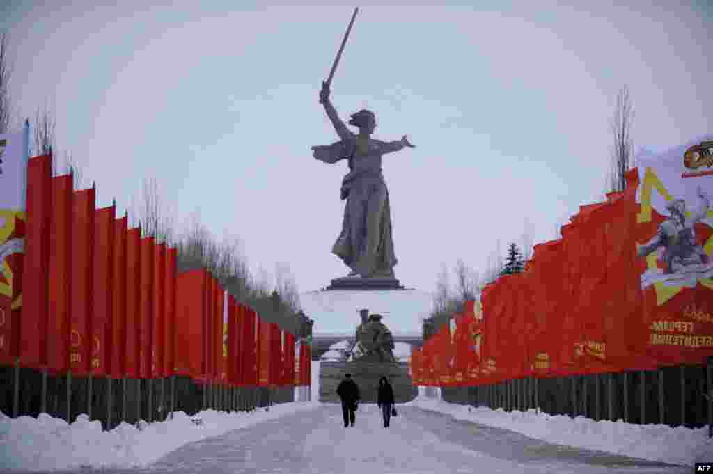 The giant monument known as the Mother Motherland statue rises at the memorial on Mamayev Hill built to honor those who died in the World War II Battle of Stalingrad in the Russian city of Volgograd, formerly Stalingrad. Russia is remembering the Red Army's victory in the Battle of Stalingrad over invading Nazi forces, one of the bloodiest battles in human history, which ended on February 2, 1943. (AFP)