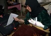 A patient at a hospital in Baghdad casts her vote on 12 December 2005 (epa)