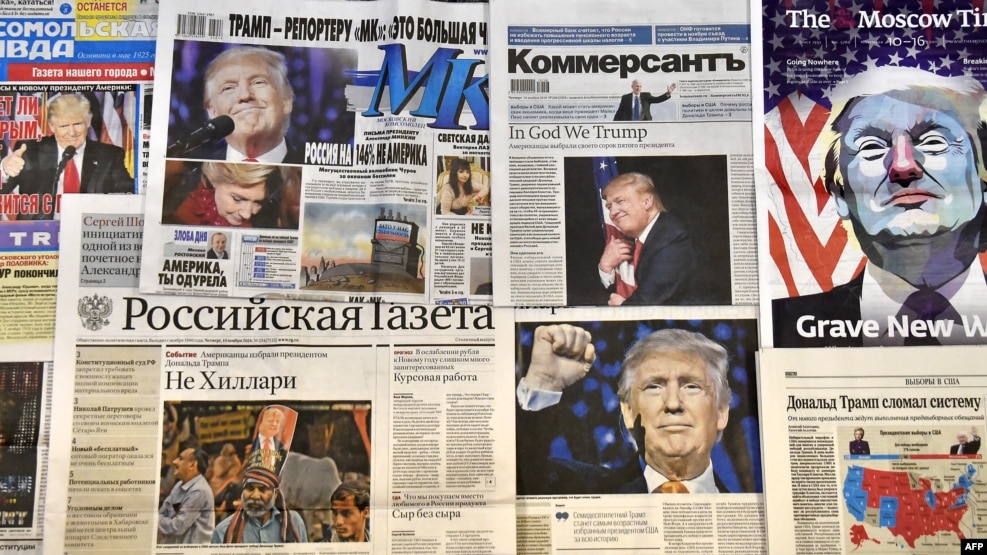 Front pages of Russian newspapers report on the victory of Donald Trump in the U.S. presidential election.