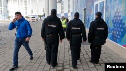 Russian security guards patrol the Olympic Park in Adler near Sochi.
