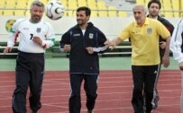 Iranian President Mahmud Ahmadinejad in training with the national soccer team (file photo) (Fars)