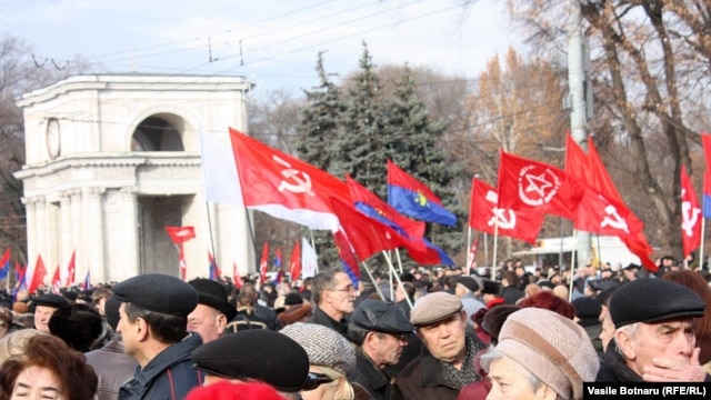 Communist supporters protest in Chisinau on December 10.