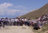 Local residents blocking the road to the mine