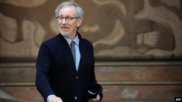 Director Steven Spielberg leaves the office of Indian industrialist Anil Ambani in Mumbai on March 11.