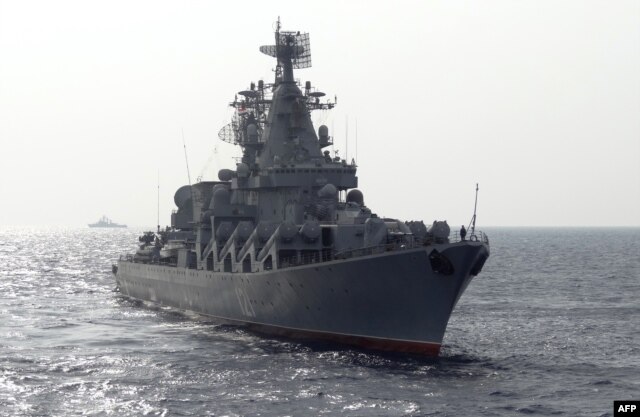 Ресейдің зымырандармен жабдықталған "Москва" әскери кемесі Жерорта теңізінің Сирия жағалауында тұр. Сирия, 17 желтоқсан 2015 жыл.