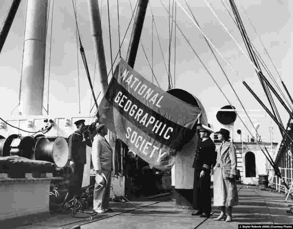 The National Geographic Society flag unfurls aboard a prewar Noah’s ark: The "M.S. Silverash" carried the society-supported Mann Expedition to the East Indies in 1937 to collect exotic animals for the National Zoo in Washington.