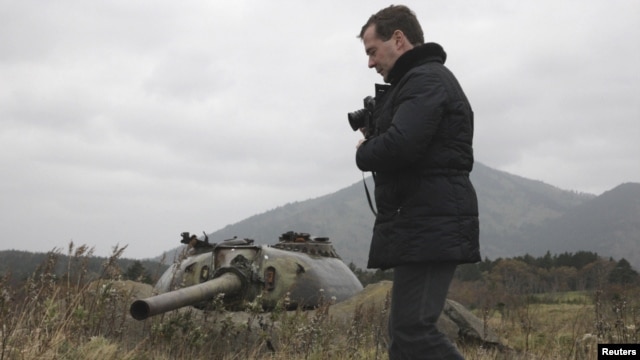 Then-Russian President Dmitry Medvedev during a visit to Kunashiri Island, one of four islands known as the Southern Kuriles in November 2010
