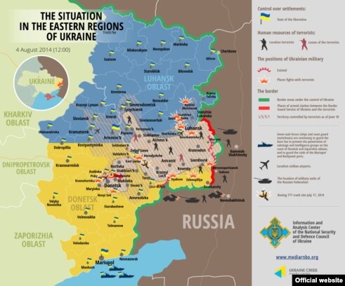 Here's the Ukrainian National Security and Defense Council's map of the military situation on August 4.