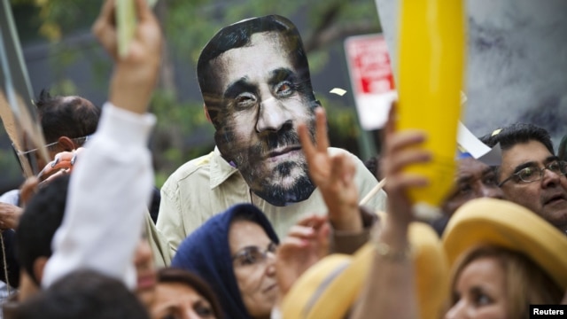 A mask depicting Iranian president Mahmud Ahmadinejad is seen during a protest against his presence at the UN General Assembly in New York on September 26.