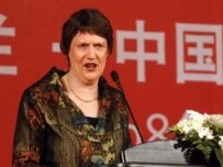 New Zealand Prime Minister Helen Clark delivers a speech at the celebration party for the free-trade agreement between New Zealand and China in Beijing (AFP)