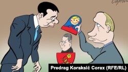 The Serbian cartoonist Corax’s vision of Vucic’s meeting with Putin in Moscow. The figure emerging from the babushka doll is Socialist leader Ivica Dacic.