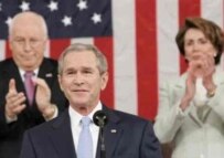 President George W. Bush is flanked by Vice President Dick Cheney and House Speaker Nancy Pelosi at his State of the Union address on January 23 (AFP)