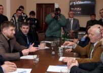 Kadyrov (left) discussing human rights with Europe Commissioner for Human Rights Thomas Hammarberg in Grozny last month (epa)