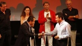Milos Teodorovic accepts the Human Rights Award at the Sarajevo Film Festival