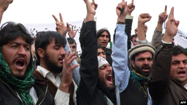 Protesters shout anti-U.S. slogans during a demonstration in Jalalabad, in eastern Afghanistan, on March 13.
