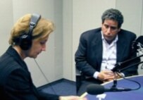 Robert Amsterdam with interviewer Irina Lagunina at RFE/RL's broadcast headquarters in Prague