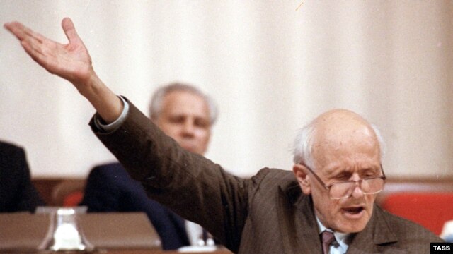 Soviet scientist and human rights campaigner Andrei Sakharov addressing the First Congress of the USSR People's Deputies after becoming a deputy in 1989.