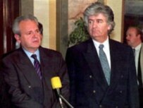 Two war crimes indictees pictured in 1994, former Yugoslav President Slobodan Milosevic (left) and the then Bosnian Serb leader Radovan Karadzic (epa)
