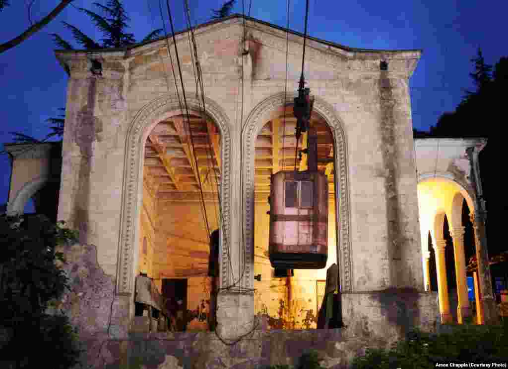 A cable car slides out of Chiatura's central station.