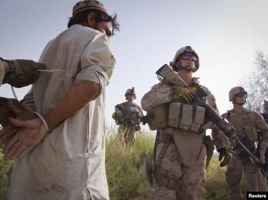 U.S. Marines detain an Afghan suspect during an operation on July 7 in the Garsmir district of Helmand Province, where Western troops are due to hand over security responsibility to local forces.