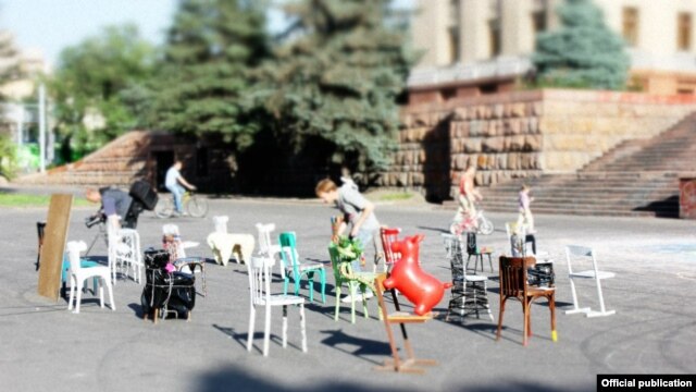Work goes on at one of the installations at the ARtBatFest Contemporary Art Festival 2012 in downtown Almaty.