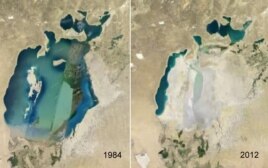 Спутниковые снимки Аральского моря в 1984 году (слева) и 2012 году.