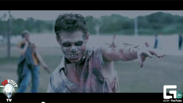 A screen shot from a video taken at the Zombie flash mob in Omsk on August 19.