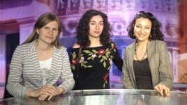 U.S. -- Vaclav Havel Fellows Irina Gotsian (L), Seda Stepanyan (C) and Tahmina Taghiyeva (R) visit the Washington, DC bureau of Bloomberg News on April 8, 2013