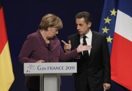 Angela Merkel i Nikola Sarkozi na samitu G20 u Kanu, 2. novembar 2011. godine