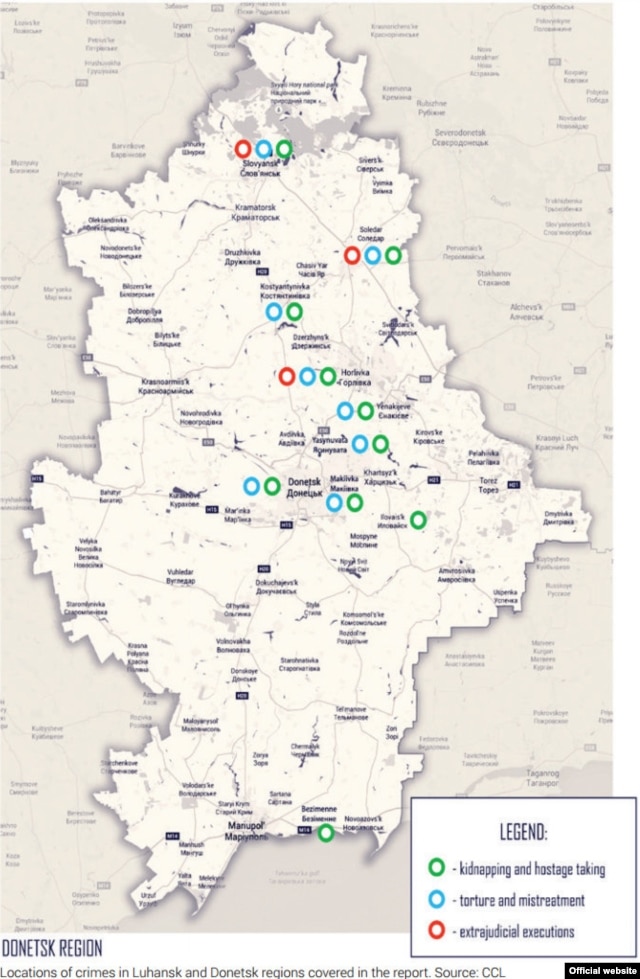 Места, где Зафиксировано преступления против человека в Луганской и Донецкой областях.  Инфографика Центра гражданских свобод
