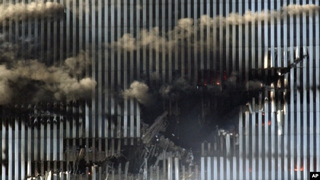 The impact site of American Airlines Flight 11 in the North Tower of the World Trade Center in New York on September 11, 2001, which along with the South Tower collapsed within hours of the coordinated attacks.