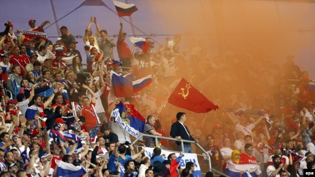 Russian supporters celebrate during the Euro 2012 match between Russia and Czech Republic in Wroclaw on June 8.