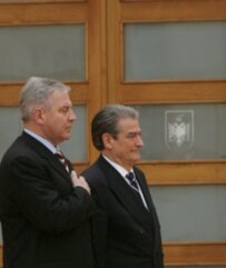 Albanian Prime Minister Sali Berisha (right) welcomes his Croatian counterpart Ivo Sanader in Tirana on February 27 (file photo) (epa)