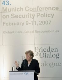 Merkel opening the Munich Conference on Security Policy today (Courtesy Photo)